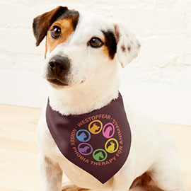 dog with bandana with circular WeStopFear logo