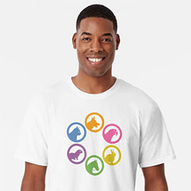 man wearing white t-shirt with pets and horses icons in a circle